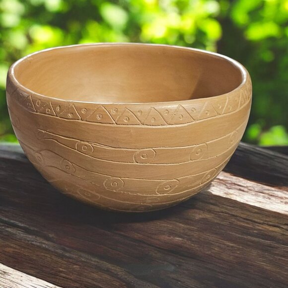 Handcrafted Natural Clay Decorative Bowl With Geometric Pattern Design - Picture 1 of 11